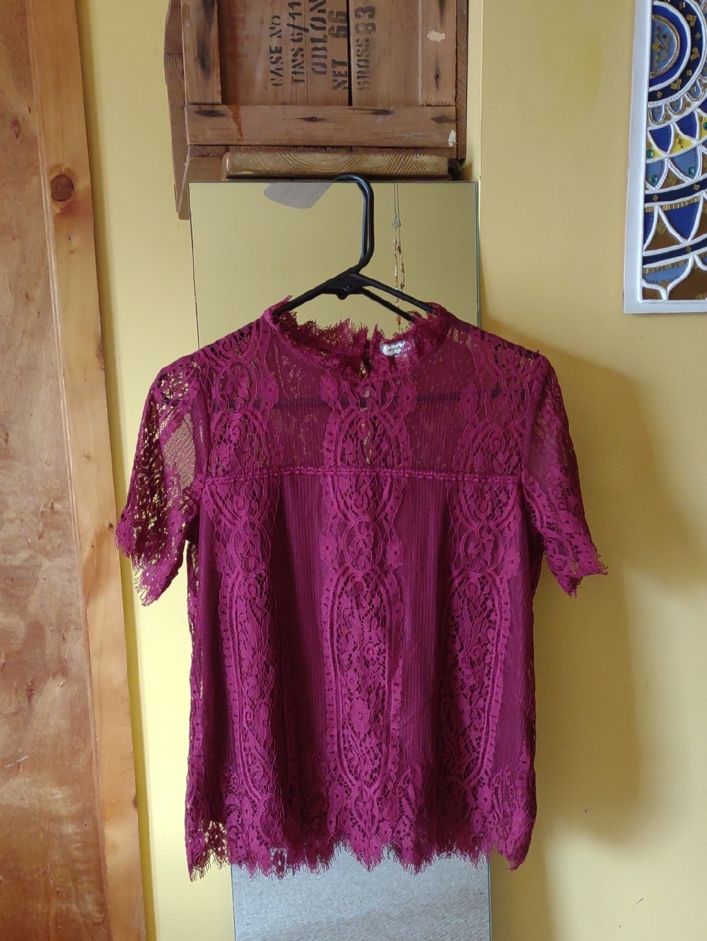 Eyeshadow Burgundy Lace Short-Sleeve Blouse